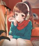  1girl alarm_clock blue_sweater blurry blurry_foreground blush book bookshelf brown_eyes brown_hair calendar_(object) chilledcow_stream_girl clock closed_mouth curtains depth_of_field desk dot_nose eyebrows_visible_through_hair fingernails glint hand_up headphones highres holding holding_pen indoors light_particles lofi_hip_hop_radio_-_beats_to_relax/study_to long_sleeves looking_at_viewer nail_polish notebook open_book painting_(object) pen pink_nails plant ponytail potted_plant red_scarf scarf smile solo sweater timo_wei95 twitter_username 