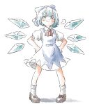  1girl bangs blue_bow blue_dress blue_eyes blue_hair bobby_socks bow brown_footwear cirno closed_mouth detached_wings dress fairy full_body hair_bow hands_on_hips ice ice_wings legs_apart loafers looking_at_viewer nishikuromori no_pupils pigeon-toed puffy_short_sleeves puffy_sleeves red_ribbon ribbon shadow shoes short_hair short_sleeves smile socks solo standing touhou v-shaped_eyebrows white_legwear wings 