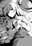  1girl cross dress eyebrows_visible_through_hair frills hat headwear_removed highres holding holding_cross jacket_girl_(dipp) juliet_sleeves kaede_(mmkeyy) long_hair long_sleeves looking_at_viewer lying monochrome open_mouth petals puffy_sleeves touhou wavy_hair 