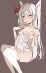  1girl alternate_costume amatsukaze_(kantai_collection) breasts brown_eyes chigasaki_y collarbone corset feet_out_of_frame flower garter_straps grey_background hair_flower hair_ornament highres kantai_collection lingerie long_hair looking_at_viewer silver_hair simple_background sitting small_breasts solo thigh-highs two_side_up underwear white_legwear 