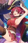  1girl armpits bangs bare_shoulders blush breasts fang hair_ribbon hat heterochromia hololive houshou_marine large_breasts long_hair looking_at_viewer open_mouth red_eyes redhead ribbon smile solo twintails virtual_youtuber yellow_eyes zyo_bo_bo 