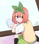  1girl bangs black_legwear blue_eyes blush closed_mouth collared_shirt commentary_request eyebrows_behind_hair from_behind go-toubun_no_hanayome green_ribbon green_skirt hair_between_eyes hair_ribbon highres kujou_karasuma looking_at_viewer looking_back nakano_yotsuba no_shoes pleated_skirt ribbon shirt short_sleeves signature skirt socks soles solo sweater_vest wavy_mouth white_shirt 