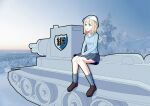  1girl absurdres blonde_hair blue_eyes breasts bt-42 caterpillar_tracks commentary_request emblem evening forest gilijim girls_frontline girls_und_panzer ground_vehicle hat highres huge_filesize keizoku_(emblem) keizoku_military_uniform military military_vehicle motor_vehicle nature sitting sky smile snow solo suomi_kp31_(girls_frontline) tank tree 