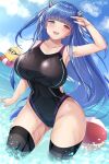  1girl arm_up azur_lane ball bangs beachball black_legwear blue_eyes blue_hair blush breasts competition_swimsuit heterochromia highres horns ibuki_(azur_lane) large_breasts long_hair looking_at_viewer manjuu_(azur_lane) ocean one-piece_swimsuit open_mouth oserotto red_eyes sky smile solo swimsuit thigh-highs twitter_username wading 