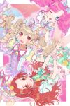  3girls aikatsu!_(series) amahane_madoka blue_eyes bow bracelet commentary_request double_v dress flower frilled_dress frills grey_hair hair_bow hands_on_own_cheeks hands_on_own_face heart highres jewelry kiseki_raki knees_together_feet_apart kurodeko looking_at_viewer multiple_girls one_eye_closed open_mouth orange_eyes orange_hair otoshiro_noel pink_hair red_eyes ribbon smile v 