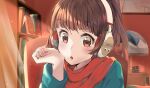  1girl :o absurdres alarm_clock blue_sweater brown_eyes brown_hair chilledcow_stream_girl clock curtains dot_nose fingernails hand_up headphones highres indoors light_particles lofi_hip_hop_radio_-_beats_to_relax/study_to long_sleeves looking_at_viewer looking_to_the_side nail_polish parted_lips pink_nails ponytail red_scarf scarf solo sweater timo_wei95 