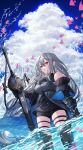  1girl arknights bangs bare_shoulders black_gloves breasts clothing_cutout commentary gloves hair_between_eyes highres koyukomu long_hair medium_breasts no_hat no_headwear parted_lips red_eyes silver_hair skadi_(arknights) solo standing sword thigh_cutout thighs very_long_hair wading water weapon 