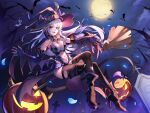  1girl absurdres backlighting bat black_legwear boots breasts broom broom_riding demon_girl demon_tail demon_wings elbow_gloves fingerless_gloves fingernails full_moon gloves graveyard halloween hat heterochromia high_heel_boots high_heels highres jack-o&#039;-lantern kaer_sasi_dianxia large_breasts looking_at_viewer moon navel night original pantyhose pointy_ears pubic_tattoo red_eyes smile solo succubus tail tattoo thigh-highs thighs violet_eyes wings witch_hat 