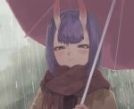  1girl bangs blush bob_cut breasts contemporary eyeliner fate/grand_order fate_(series) highres horns jacket long_sleeves looking_at_viewer makeup oni oni_horns purple_hair rain scarf short_eyebrows short_hair shuten_douji_(fate/grand_order) skin-covered_horns small_breasts smile taino_kou umbrella violet_eyes 