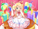  1girl :d ;d alternate_costume apron balloon bangs birthday blonde_hair blush bow bowtie box commentary_request confetti crown curtains dated dress elbow_gloves eyebrows_visible_through_hair food fork frilled_apron frilled_dress frills gift gloves hair_bow hand_on_own_chin hands_up himesaka_noa holding holding_fork long_hair looking_at_viewer mini_crown mitsukiro one_eye_closed open_mouth pink_curtains pink_dress red_bow red_headwear short_sleeves smile solo standing string_of_flags thick_eyebrows watashi_ni_tenshi_ga_maiorita! white_apron white_gloves 