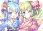 2girls :d ahoge alternate_costume blue_bow blue_eyes blue_hair blue_kimono blue_ribbon blush bow cirno closed_mouth daiyousei eyebrows_visible_through_hair fairy_wings fan floral_print flower green_hair hair_bow hair_flower hair_ornament ice ice_wings japanese_clothes kimono looking_at_viewer multiple_girls one_side_up open_mouth pink_bow pink_kimono pjrmhm_coa ribbon shawl short_hair simple_background smile touhou upper_body v-shaped_eyebrows white_background wide_sleeves wings 