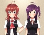  2girls ahoge arashi_(kantai_collection) black_vest blouse breasts dress_shirt gloves hagikaze_(kantai_collection) haoto_(arnica_leaf) kantai_collection long_hair messy_hair multiple_girls neck_ribbon neckerchief one_side_up purple_hair red_neckwear red_ribbon redhead ribbon shirt short_sleeves small_breasts upper_body vest violet_eyes white_blouse white_gloves 