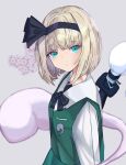  1girl black_hairband black_neckwear black_ribbon blurry blurry_background blush bob_cut breasts closed_mouth eyebrows_visible_through_hair flower from_side green_eyes green_skirt green_vest grey_background hairband head_tilt highres hitodama hitodama_print konpaku_youmu konpaku_youmu_(ghost) long_sleeves looking_at_viewer nari_(bikkii) ribbon shirt short_hair silver_hair simple_background skirt small_breasts solo standing sword touhou upper_body vest weapon white_shirt 