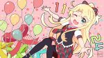  1girl :3 ;d ahoge alternate_costume balloon birthday black_legwear black_vest blonde_hair blush bow box collared_shirt commentary dated eyebrows_visible_through_hair gift green_eyes hair_bow happy highres himesaka_noa long_hair looking_at_viewer loose_necktie necktie number one_eye_closed open_mouth outline outstretched_arms pink_background plaid plaid_bow plaid_neckwear plaid_skirt polka_dot polka_dot_background puffy_short_sleeves puffy_sleeves r245 red_bow red_neckwear red_skirt shirt short_sleeves signature skirt smile solo thick_eyebrows thigh-highs twitter_username very_long_hair vest watashi_ni_tenshi_ga_maiorita! white_outline white_shirt 