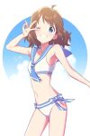  1girl ;d agata_(agatha) ahoge bare_arms bare_shoulders bikini blue_eyes blue_sailor_collar blue_sky brown_hair clouds commentary_request highres idolmaster idolmaster_million_live! looking_at_viewer navel neckerchief one_eye_closed open_mouth sailor_bikini sailor_collar sailor_swimsuit_(idolmaster) short_hair sky smile solo suou_momoko swimsuit v white_bikini 