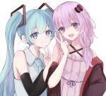 2girls aqua_eyes aqua_hair aqua_neckwear bare_shoulders black_sleeves commentary criss-cross_halter detached_sleeves dress grey_shirt hair_ornament halterneck hand_up hatsune_miku highres jacket long_hair looking_at_viewer multiple_girls neck_ribbon open_clothes open_jacket open_mouth purple_dress purple_hair purple_jacket ribbon shirt side-by-side sidelocks smile twintails upper_body v very_long_hair violet_eyes vocaloid white_background yuzuaji yuzuki_yukari 