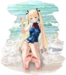 1girl arm_support artist_request azur_lane bangs barefoot between_thighs blonde_hair blue_eyes bottle bow breasts dead_or_alive dead_or_alive_xtreme full_body highres holding long_hair looking_at_viewer manjuu_(azur_lane) mary_rose official_art one-piece_swimsuit red_bow sitting small_breasts solo swimsuit tagme tied_hair twintails water water_drop wet 