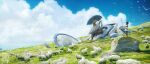  1boy absurdres bird black_hair blue_sky clouds cloudy_sky commentary dated day dofresh english_commentary from_side highres holding holding_staff mecha negative_space original outdoors ruins scenery sheep signature sky solo staff standing white_robe 