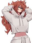  1girl alternate_costume android_21 arms_up blue_eyes closed_mouth dragon_ball dragon_ball_fighterz glasses grey_jacket hair_between_eyes hood hooded_jacket jacket kemachiku long_hair long_sleeves looking_at_viewer midriff navel redhead simple_background solo white_background 