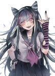  1girl absurdres black_hair blue_hair breasts commentary_request dangan_ronpa ear_piercing highres jewelry ko_jira lip_piercing long_hair looking_at_viewer mioda_ibuki multicolored_hair open_mouth piercing pink_eyes pink_hair school_uniform serafuku shirt skirt smile solo super_dangan_ronpa_2 white_hair 