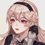  1girl bangs collared_shirt corrin_(fire_emblem) corrin_(fire_emblem)_(female) fire_emblem fire_emblem_fates fire_emblem_heroes flower hair_flower hair_ornament hairband hand_up looking_at_viewer lowres ochakunn open_mouth pointy_ears red_eyes shirt smile solo upper_body white_hair 