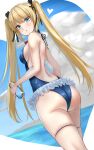  1girl adapted_costume ass azur_lane black_ribbon blonde_hair blue_eyes blue_sky blue_swimsuit bottle clouds commentary_request day dead_or_alive dutch_angle frilled_swimsuit frills from_behind hair_ribbon highres horizon long_hair looking_at_viewer looking_back marie_rose marumai ocean outdoors ribbon sky solo standing swimsuit twintails water 