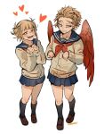  1boy 1girl artist_name bangs black_legwear blonde_hair blue_skirt blunt_bangs blush boku_no_hero_academia brown_footwear cardigan collarbone crossdressinging double_bun fangs full_body hawks_(boku_no_hero_academia) heart kadeart kneehighs long_sleeves male_focus messy_hair neckerchief open_mouth pleated_skirt red_wings sailor_collar school_uniform serafuku shoes short_hair simple_background skirt smile standing teeth toga_himiko white_background wings yellow_eyes 