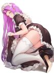  1girl ass bangs black_dress blush breasts dress fate/stay_night fate_(series) forehead frills gloves high_heels highres large_breasts legs long_hair looking_at_viewer looking_back maid maid_headdress nr_noir parted_bangs puffy_short_sleeves puffy_sleeves purple_hair rider short_sleeves thigh-highs very_long_hair violet_eyes white_gloves white_legwear 