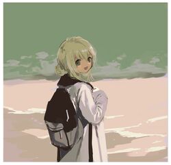  1girl backpack bag blonde_hair duplicate grey_eyes hair_bun hood hoodie kouka_(mrakano5456) looking_back open_mouth original smile solo 