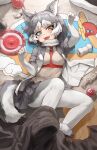  1girl :d animal_ear_fluff animal_ears between_breasts blue_eyes blush boots breasts commentary dog_(mixed_breed)_(kemono_friends) dog_ears dog_girl dog_tail eyebrows_visible_through_hair frisbee from_above full_body fur-trimmed_boots fur-trimmed_sleeves fur_trim gloves grey_hair grey_skirt harness heterochromia highres japari_symbol kemono_friends looking_at_viewer lying medium_hair melaton multicolored_hair on_back open_mouth pantyhose paw_pose short_sleeves skirt smile solo tail two-tone_hair upper_teeth white_gloves white_hair white_legwear yellow_eyes 