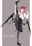  1girl absurdres bat_wings black_footwear black_legwear black_skirt character_name full_body grey_background head_wings highres koakuma long_hair looking_at_viewer nagata_nagato necktie pantyhose pointy_ears red_eyes red_neckwear redhead shirt shoes skirt solo tears thighband_pantyhose touhou white_shirt wings 