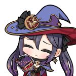  1girl blush cape chibi closed_eyes coin coin_purse earrings fur_trim genshin_impact gloves hair_ornament hat jewelry leotard mona_(genshin_impact) purple_hair sad simple_background solo star_(symbol) star_earrings star_hair_ornament twintails white_background witch_hat 