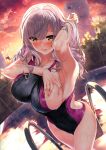  1girl arm_up armpits backlighting bangs bare_shoulders blush breasts gradient_sky grey_hair highleg highleg_swimsuit highres kawai large_breasts long_hair looking_at_viewer one-piece_swimsuit orange_sky original pool poolside purple_sky sky smile sunset swimsuit thighs tongue tongue_out twilight wet yellow_eyes 