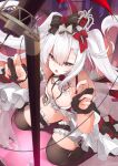  1girl absurdres azur_lane bangs bare_shoulders black_legwear black_ribbon breasts claw_pose collarbone commentary crown dress eyebrows_visible_through_hair flower frilled_dress frills gloves hair_between_eyes hair_ornament hair_ribbon highres kneeling leg_garter long_hair looking_at_viewer miya_ur open_mouth partially_fingerless_gloves pink_nails red_eyes red_ribbon ribbon rose sidelocks silver_hair small_breasts solo thigh-highs twintails vampire_(azur_lane) 