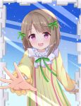  1girl :d bangs blush bow brown_hair commentary_request dress eyebrows_visible_through_hair green_bow hair_bow kedama_(kedama_akaza) long_sleeves looking_at_viewer love_live! love_live!_nijigasaki_high_school_idol_club mutekikyuu_believer nakasu_kasumi open_mouth outstretched_arm puffy_long_sleeves puffy_sleeves smile solo upper_body upper_teeth violet_eyes yellow_dress 
