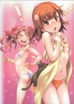  2girls absurdres bare_shoulders bikini breasts brown_eyes brown_hair cat flat_chest flower hair_flower hair_ornament hair_ribbon highres long_hair looking_at_another looking_at_viewer misaka_mikoto multiple_girls navel orange_bikini raika9 red_eyes ribbon shirai_kuroko side-tie_bikini small_breasts smile star-shaped_pupils star_(symbol) swimsuit symbol-shaped_pupils to_aru_kagaku_no_railgun to_aru_majutsu_no_index twintails 