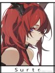  1girl arknights bangs bare_shoulders blue_eyes character_name close-up closed_mouth collar frame from_side hair_between_eyes horns lips long_hair looking_at_viewer looking_to_the_side redhead sidelocks simple_background sleeveless solo surtr_(arknights) white_background zhibuji_loom 