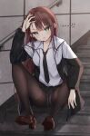  1girl anger_vein beliatan black_neckwear blazer brown_hair collared_shirt crotch_seam green_eyes highres jacket loafers long_hair long_sleeves necktie original panties pantyhose school_uniform shirt shoes sitting solo stairs underwear uniform white_shirt 