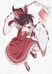  1girl bare_shoulders black_hair blush bow brown_eyes detached_sleeves frilled_skirt frills full_body gohei hair_between_eyes hair_bow hair_tubes hakurei_reimu highres holding inuno_rakugaki japanese_clothes long_hair nontraditional_miko ofuda red_bow red_skirt ribbon-trimmed_sleeves ribbon_trim sidelocks simple_background skirt solo touhou white_background wide_sleeves 