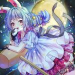  1girl :d animal_ears arm_rest bangs black_gloves bloomers blue_dress blue_hair blurry blush bokeh bun_(food) collarbone commentary_request crescent_print depth_of_field dress eyebrows_visible_through_hair feet_out_of_frame full_moon gloves hair_ribbon here_(hr_rz_ggg) highres kine layered_dress long_hair looking_at_viewer mallet moon open_mouth purple_ribbon rabbit_ears red_eyes ribbon seiran_(touhou) smile solo sparkle star_(symbol) star_print striped striped_ribbon touhou underwear upper_teeth wide_sleeves 