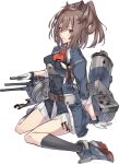  1girl ascot belt belt_buckle black_legwear brown_belt brown_hair buckle flower full_body gloves grey_eyes hair_between_eyes kantai_collection kneehighs konishi_(koconatu) long_hair machinery official_art open_mouth pleated_skirt red_flower red_neckwear red_rose rigging rose rudder_footwear sheffield_(kantai_collection) skirt solo torn_clothes transparent_background turret white_gloves white_skirt 