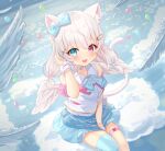  1girl :d absurdres animal_ear_fluff animal_ears bangs bare_shoulders between_legs blue_bow blue_choker blue_eyes blue_legwear blue_skirt blush bow breasts cat_ears cat_girl cat_tail choker collared_shirt commentary_request copyright_request eyebrows_visible_through_hair fang feathered_wings from_above gloves hair_between_eyes hair_ornament hairclip half_gloves hand_between_legs hand_up heterochromia highres long_hair looking_at_viewer looking_up low_twintails mini_wings open_mouth pleated_skirt red_eyes shirt single_glove single_thighhigh sitting skirt sleeveless sleeveless_shirt small_breasts smile solo tail thigh-highs tsukiman twintails virtual_youtuber white_gloves white_hair white_shirt white_wings wings wrist_cuffs x_hair_ornament 