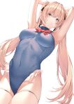  1girl amagimei armpits arms_behind_head azur_lane bangs bare_shoulders black_ribbon blonde_hair blue_eyes blue_swimsuit breasts covered_navel dead_or_alive dead_or_alive_xtreme eyebrows_visible_through_hair frilled_swimsuit frills hair_ribbon highres long_hair looking_at_viewer marie_rose medium_breasts one-piece_swimsuit parted_lips ribbon simple_background solo standing swimsuit thigh_strap twintails very_long_hair white_background 