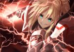  1girl absurdres armor blonde_hair blue_eyes clarent dutch_angle fate/grand_order fate_(series) highres huge_filesize li_zhu lightning mordred_(fate) mordred_(fate)_(all) ponytail red_background red_scrunchie scrunchie smile solo sword v-shaped_eyebrows weapon 