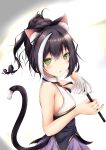  1girl :o absurdres animal_ear_fluff animal_ears bangs bare_arms bare_shoulders black_hair blush breasts cat_ears cat_girl cat_tail commentary_request fang from_side gem green_eyes hands_up highres holding karyl_(princess_connect!) long_hair looking_at_viewer looking_to_the_side multicolored_hair open_mouth parted_lips princess_connect! princess_connect!_re:dive rumiko_(rmeco) shirt skin_fang skirt sleeveless sleeveless_shirt small_breasts solo streaked_hair tail tail_raised white_hair white_shirt 