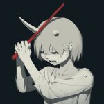  1other androgynous asymmetrical_horns avogado6 broken_horn collarbone crying fangs half-closed_eyes horns monochrome open_mouth original sawblade short_hair spot_color tears 