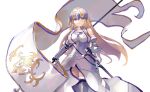  1girl absurdres armor armored_dress banner blonde_hair blue_eyes breasts chain cowboy_shot fate/grand_order fate_(series) faulds flag fur-trimmed_legwear fur_trim gauntlets gorget headpiece highres holding holding_flag jeanne_d&#039;arc_(fate) jeanne_d&#039;arc_(fate)_(all) large_breasts long_hair plackart same_(sendai623) scabbard sheath sheathed smile solo standard_bearer standing sword thigh-highs very_long_hair weapon 