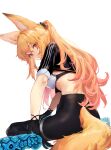  1girl absurdres animal_ear_fluff animal_ears artist_request black_gloves black_pants black_shirt blonde_hair blue_footwear bra breasts commission crop_top dungeon_and_fighter fine_fabric_emphasis fox_ears fox_girl fox_tail from_behind gloves highres kaiser_(myeonggihusband) large_ears long_hair looking_back medium_breasts midriff pants ponytail red_eyes shirt shirt_lift shoes short_sleeves sidelocks simple_background sitting solo tail tail_through_clothes underwear wariza white_background white_bra yoga_pants 
