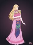  1girl absurdres artist_name blonde_hair breasts dress elbow_gloves facing_away gloves highres large_breasts long_dress long_hair looking_to_the_side pelvic_curtain pink_dress pointy_ears princess_zelda r3dfive solo the_legend_of_zelda the_legend_of_zelda:_ocarina_of_time white_gloves 