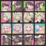  4girls :t adjusting_clothes adjusting_headwear aori_(splatoon) arms_behind_head baseball_cap beanie black_choker black_gloves black_hair black_kimono black_shirt blush bob_cut brown_eyes bubble_blowing chewing_gum chin_rest choker commentary cousins crescent dark_skin dark-skinned_female dress earrings english_commentary expressions eyebrows_visible_through_hair facing_viewer finger_to_mouth food food_on_head frown glaring gloves green_eyes green_headwear green_jacket grey_hair grimace grin hair_ornament half-closed_eye half-closed_eyes hand_on_own_head hands_together hat headband hero_charger_(splatoon) hime_(splatoon) hood hood_down hoodie hotaru_(splatoon) humanization iida_(splatoon) jacket japanese_clothes jewelry kimono laughing leaning_back long_hair long_sleeves looking_at_viewer looking_back looking_to_the_side makeup mascara medium_hair mole mole_under_eye mole_under_mouth multiple_girls object_on_head one_eye_closed open_mouth over_shoulder pink_dress purple_headwear purple_jacket shirt smile spiked_choker spikes splatoon_(series) splatoon_2 splatoon_2:_octo_expansion squidbeak_splatoon sunglasses sushi sweatdrop tako-san_wiener tank_top tearing_up tears tied_hair white_headband white_shirt wiping_tears wong_ying_chee yellow_dress 